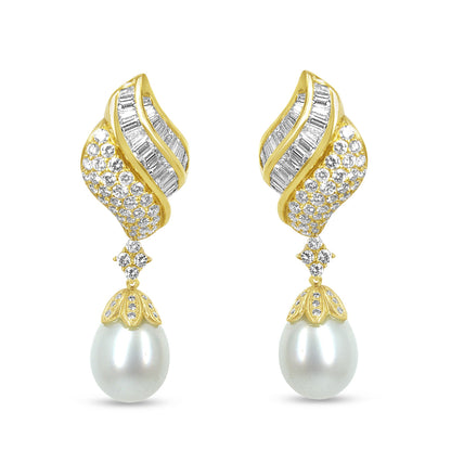 18k Yellow Gold 7.0 Cttw Baguette and Round Diamond South Sea Pearl Drop Dangle Clip-On Earrings (F-G Color, VS1-VS2 Clarity) Bids.com