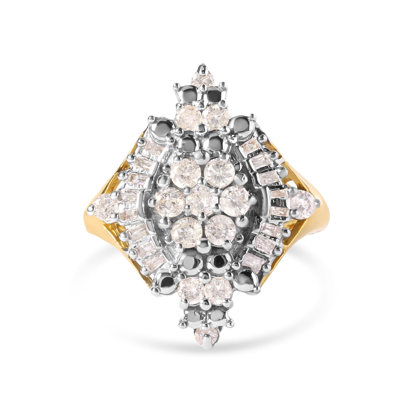 10K Yellow Gold 1 Cttw Round and Baguette cut Diamond Cluster and Rhombus Halo Ring (H-I Color, I1-I2 Clarity) - Ring Size 7 Bids.com