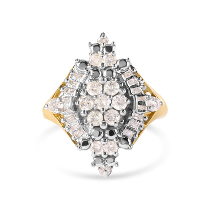 10K Yellow Gold 1 Cttw Round and Baguette cut Diamond Cluster and Rhombus Halo Ring (H-I Color, I1-I2 Clarity) - Ring Size 7 Bids.com