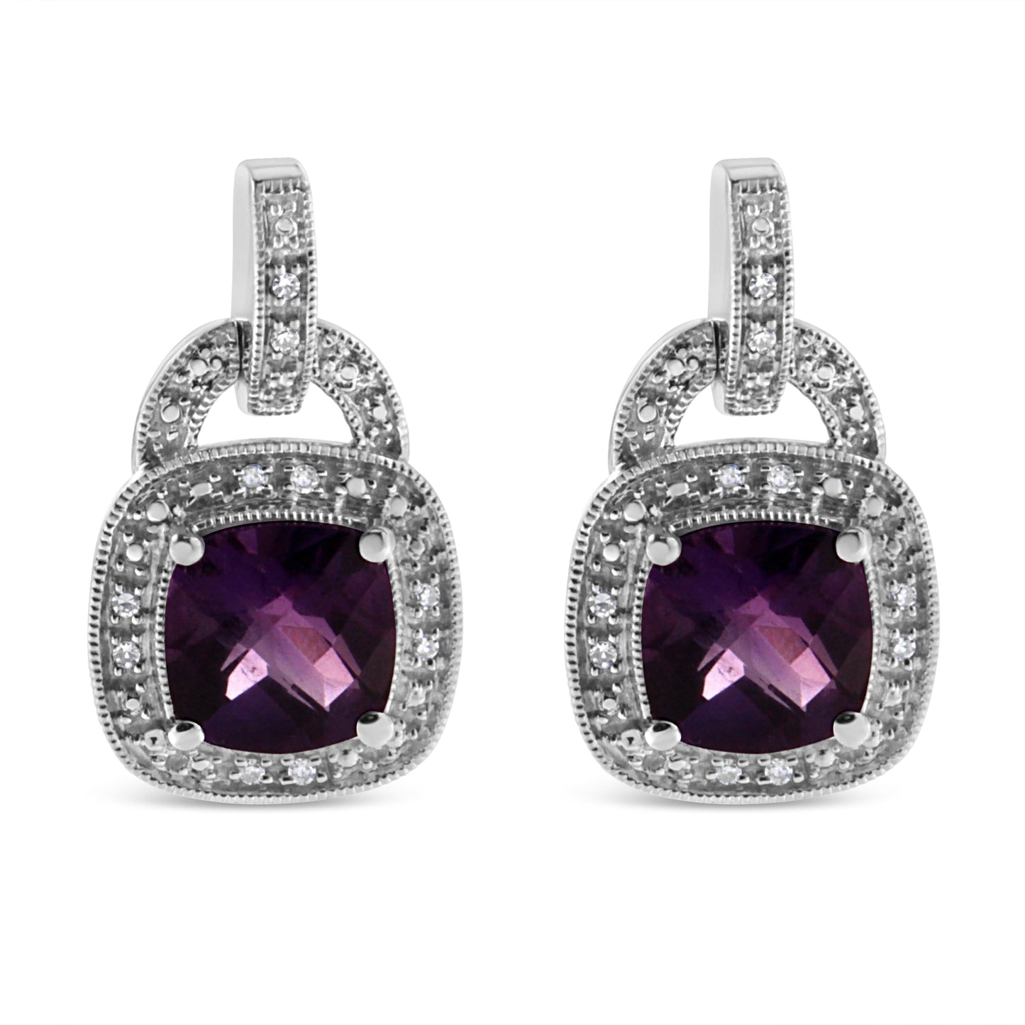 .925 Sterling Silver 8MM Natural Cushion Shaped Amethyst and Diamond Accent Halo with Push Back Dangle Earrings (I-J Color, I2-I3 Clarity) Bids.com