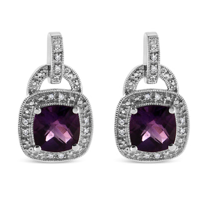 .925 Sterling Silver 8MM Natural Cushion Shaped Amethyst and Diamond Accent Halo with Push Back Dangle Earrings (I-J Color, I2-I3 Clarity) Bids.com