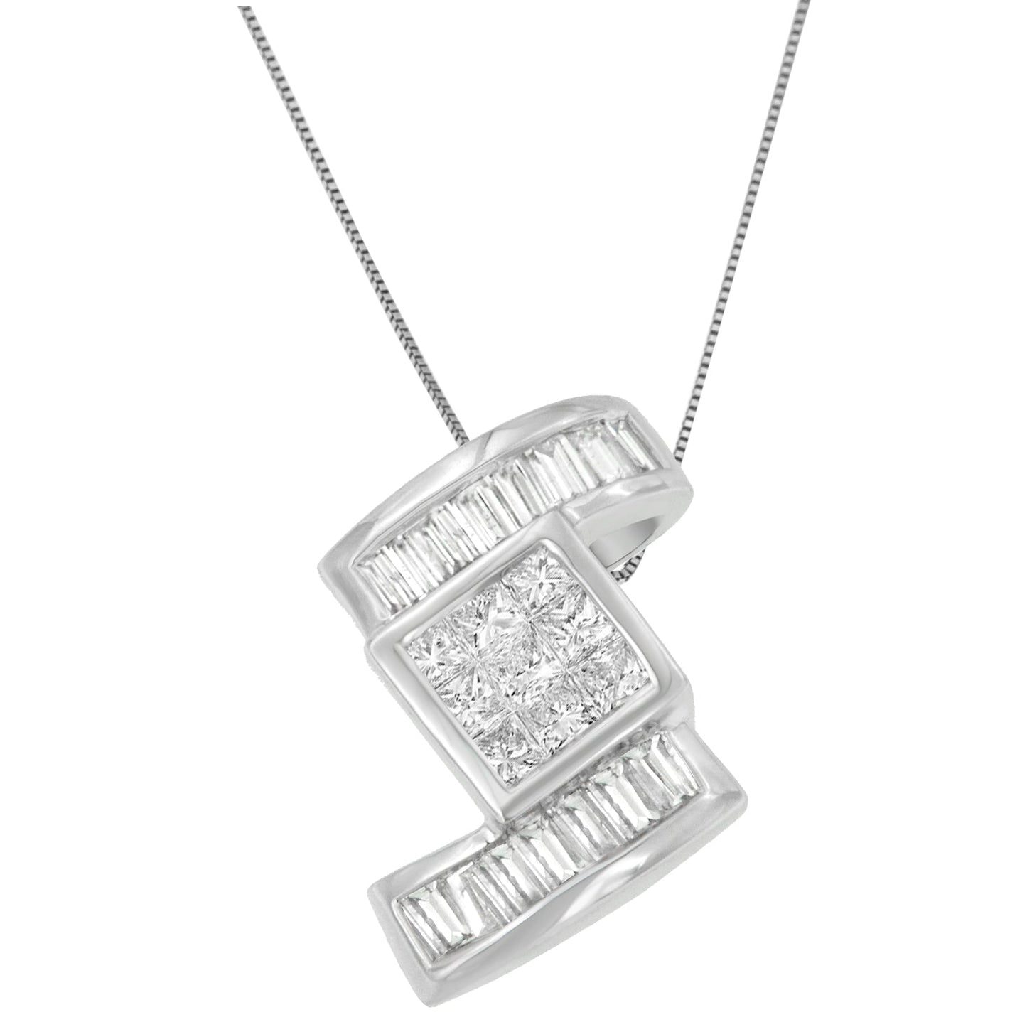 14K White Gold 1 2/5 cttw Princess and Baguette Cut Diamond Zig Zag Pendant Necklace (H-I, SI1-SI2) Bids.com