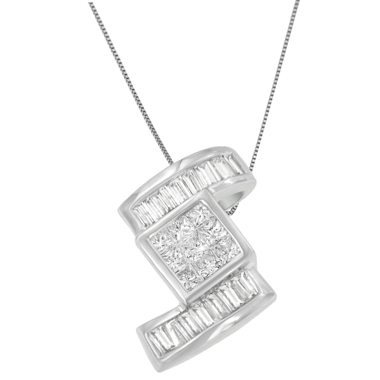 14K White Gold 1 2/5 cttw Princess and Baguette Cut Diamond Zig Zag Pendant Necklace (H-I, SI1-SI2) Bids.com