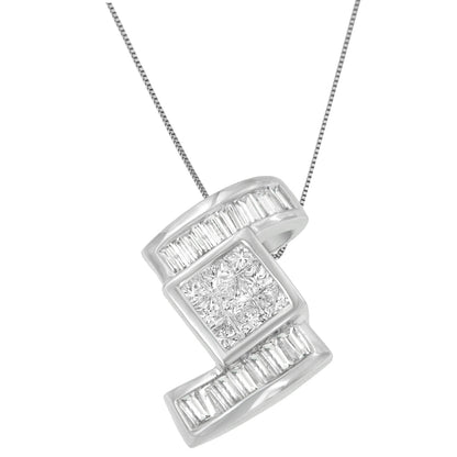 14K White Gold 1 2/5 cttw Princess and Baguette Cut Diamond Zig Zag Pendant Necklace (H-I, SI1-SI2) Bids.com