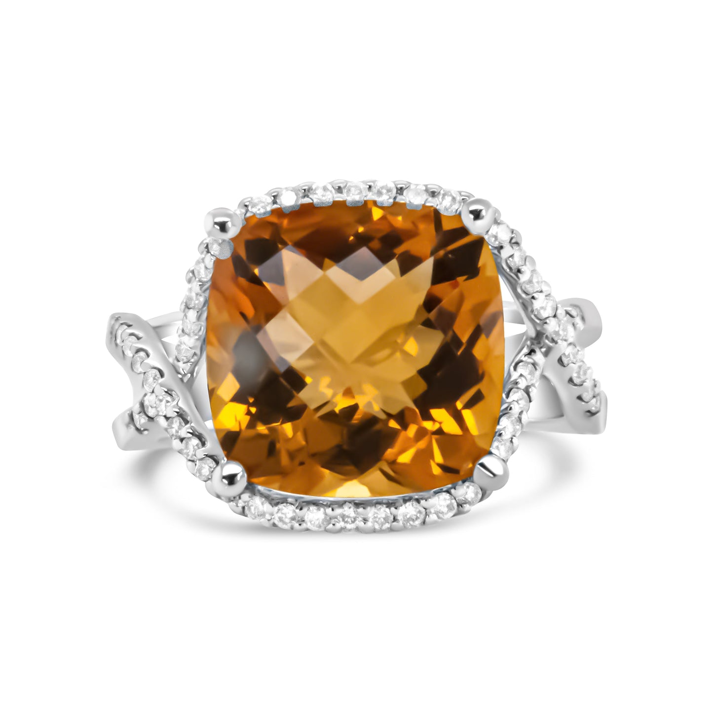 14K White Gold 12mm Cushion Cut Yellow Citrine Gemstone and 1/3 Cttw Round Pave-Set Diamond Ring - (H-I Color, VS1-VS2 Clarity)- Size 6.5 Bids.com