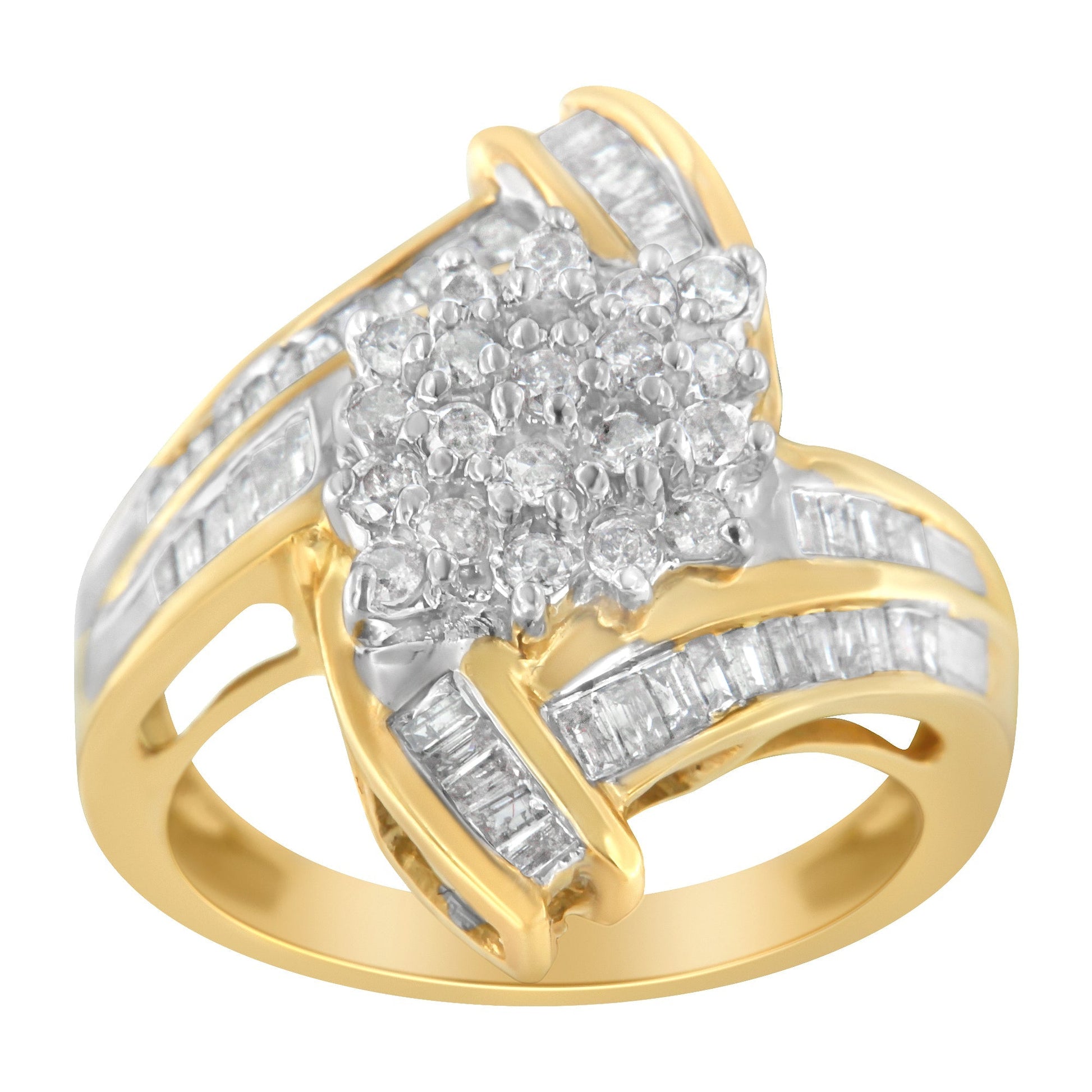 10K Yellow Gold Round and Baguette-Cut Diamond Bypass Cluster Ring (1.0 Cttw, I-J Color, I1-I2 Clarity) - Size 8 Bids.com