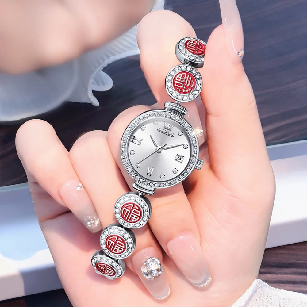 Women's Elegant Bracelet Quartz Watch Red Dial Waterproof BandsCo Straps