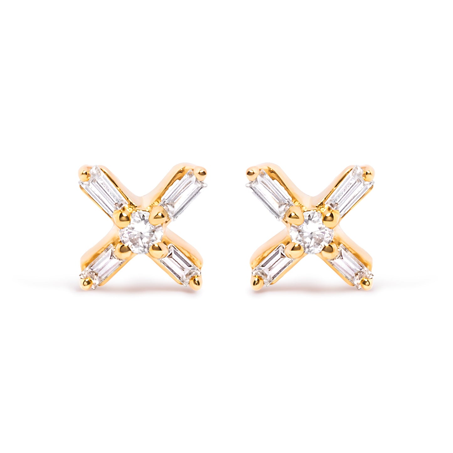 10K Yellow Gold 1/10 Cttw Round and Baguette Diamond Criss Cross X Stud Earring (H-I Color, I1-I2 Clarity) Bids.com