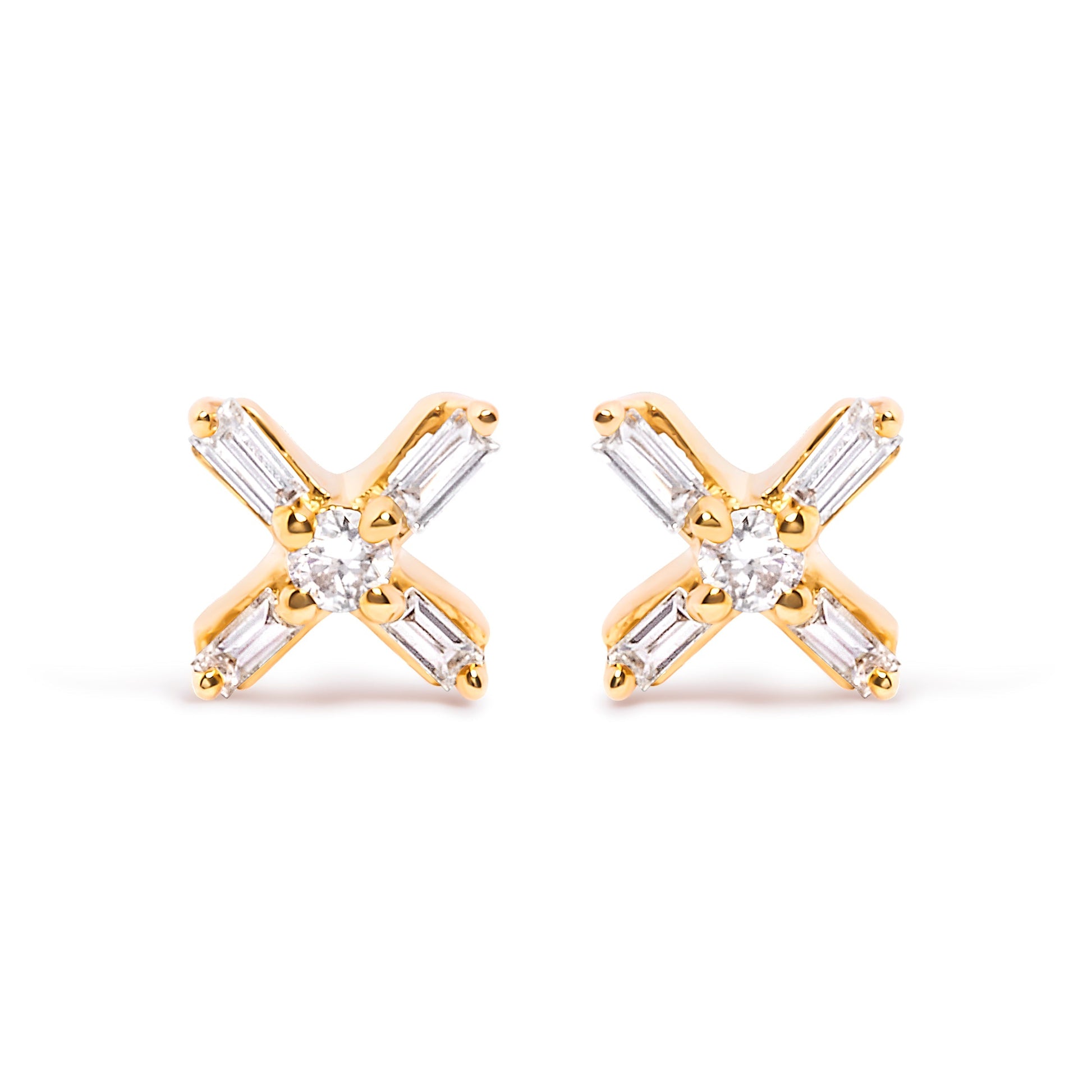 10K Yellow Gold 1/10 Cttw Round and Baguette Diamond Criss Cross X Stud Earring (H-I Color, I1-I2 Clarity) Bids.com
