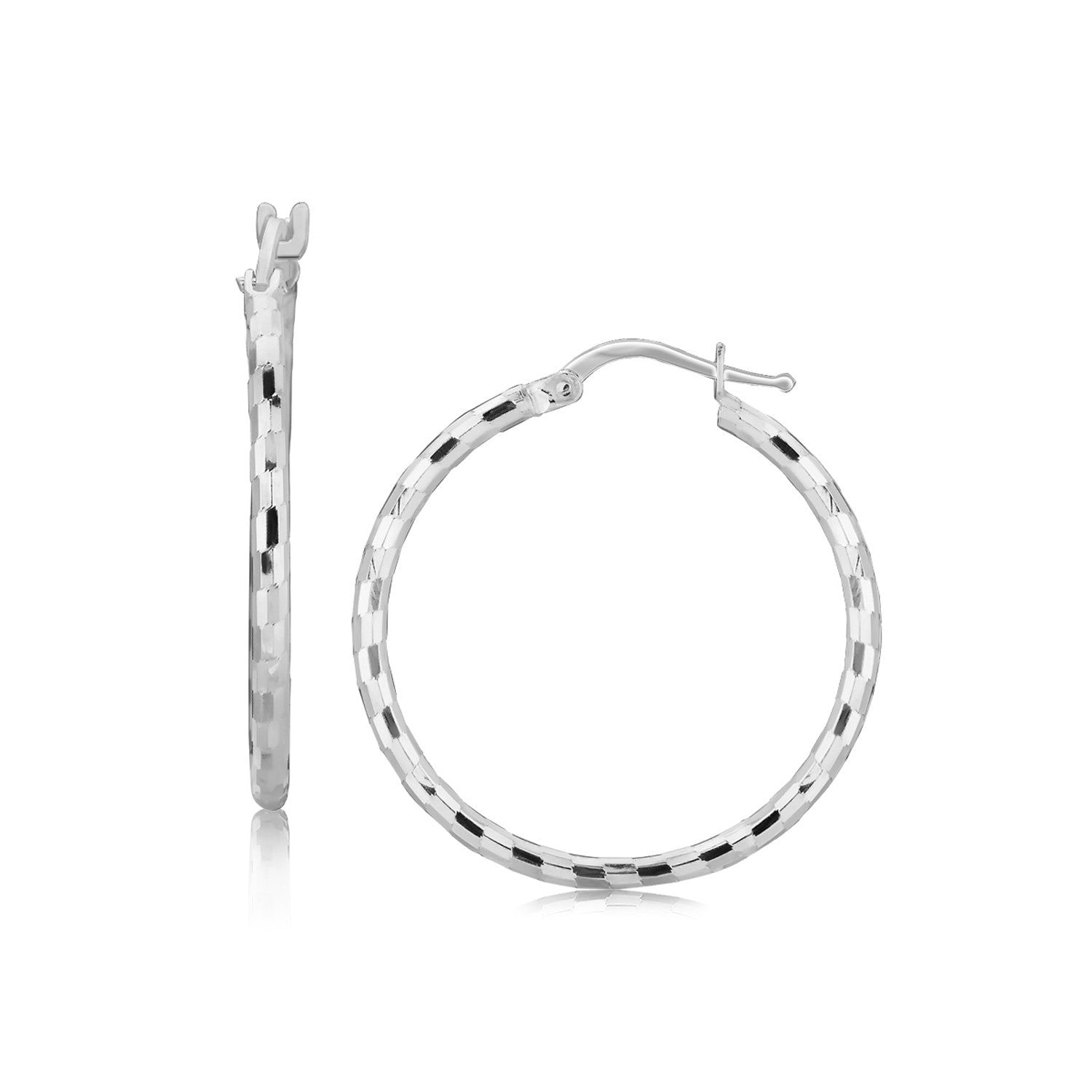Sterling Silver Hoop Design Diamond Cut Earrings with Rhodium Plating (26mm) Bids.com