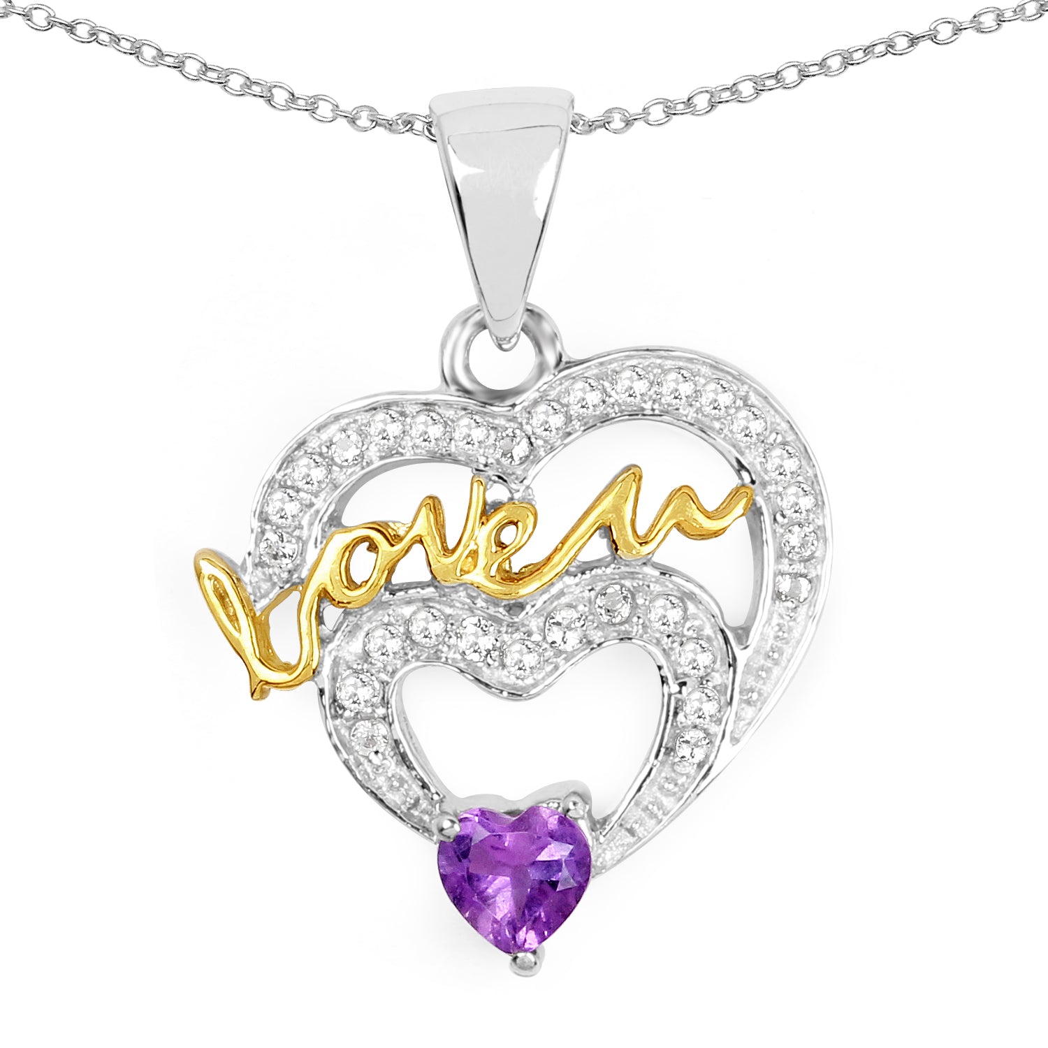 Two Tone Plated 0.44 Carat Genuine Amethyst and White Topaz .925 Sterling Silver Pendant Bids.com