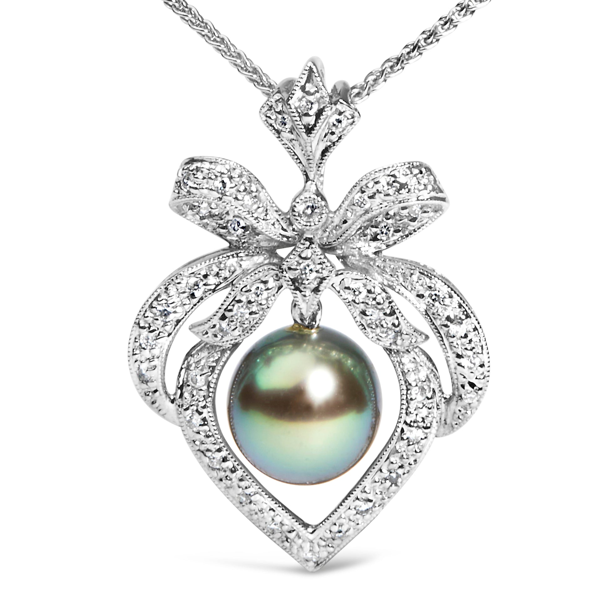 18K 3/4 Cttw Diamond and 12.5 MM Cultured Black Tahitian Pearl Heart Pendant Necklace (G-H Color, SI1-SI2 Clarity) - 18" Inches Bids.com