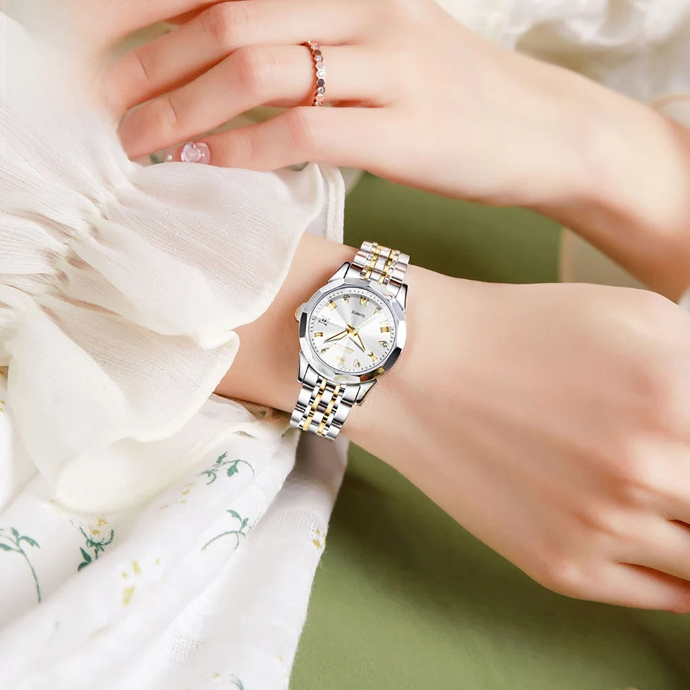 Women's Two Tone Stainless Steel Quartz Watch With Date BandsCo Straps