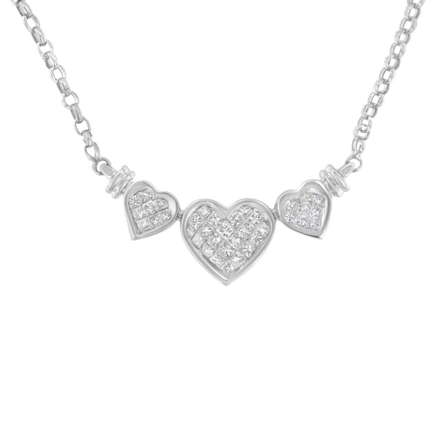 14K White Gold 1.0 Cttw Princess Cut Diamond Three Heart 18" Statement Pendant Necklace (H-I Color, SI2-I1 Clarity) Bids.com