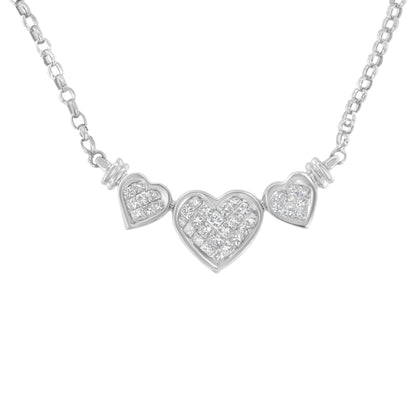 14K White Gold 1.0 Cttw Princess Cut Diamond Three Heart 18" Statement Pendant Necklace (H-I Color, SI2-I1 Clarity) Bids.com