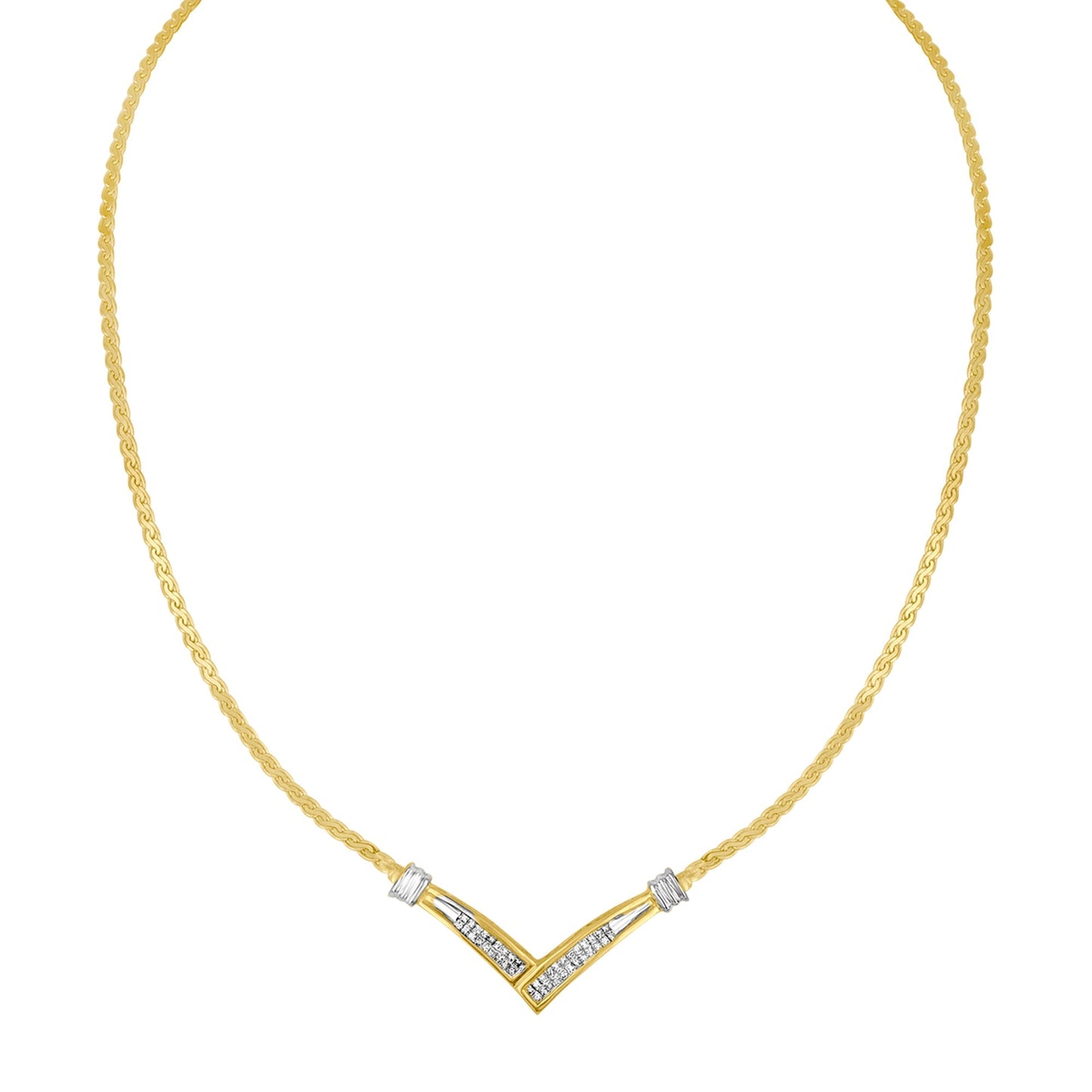 10K Yellow and White Gold 1/2 Cttw Princess Cut Diamond Channel-Set â€œVâ€ Shape 18" Franco Chain Necklace (H-I Color, SI2-I1 Clarity) Bids.com