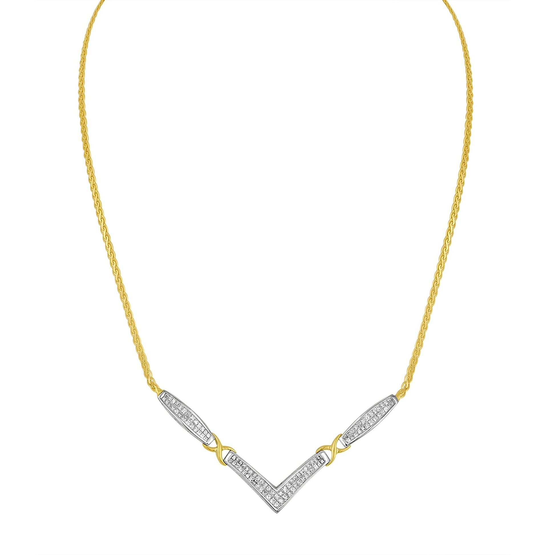 14K Yellow and White Gold 2.0 Cttw Princess Cut Diamond Flared and X-Station V Shaped 18â€ Franco Chain Statement Necklace (H-I Color, SI2-I1 Clarity) Bids.com
