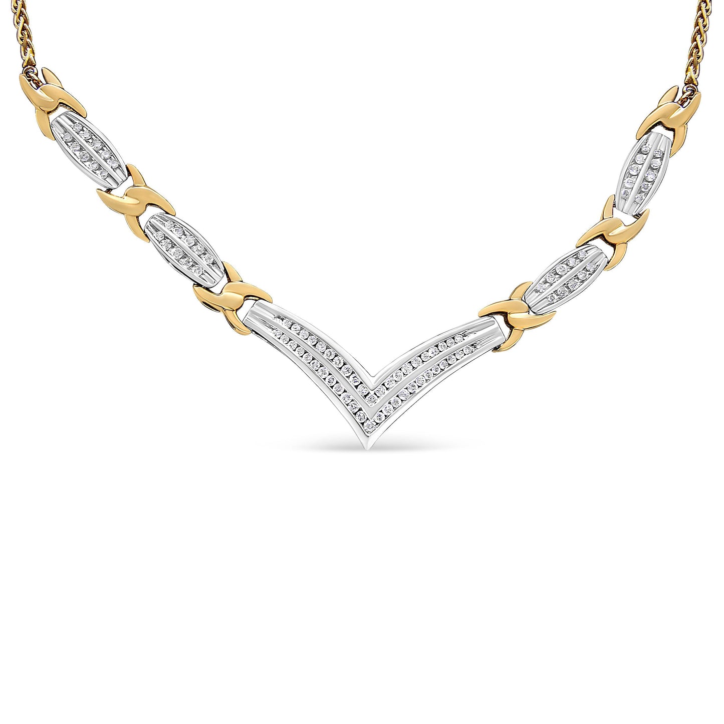10K Yellow and White Gold 1.0 Cttw Round and Princess cut Diamond "V" Shape Statement Necklace (I-J Color, I1-I2 Clarity) Bids.com