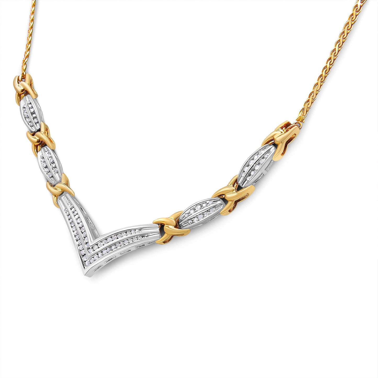 10K Yellow and White Gold 1.0 Cttw Round and Princess cut Diamond "V" Shape Statement Necklace (I-J Color, I1-I2 Clarity) Bids.com