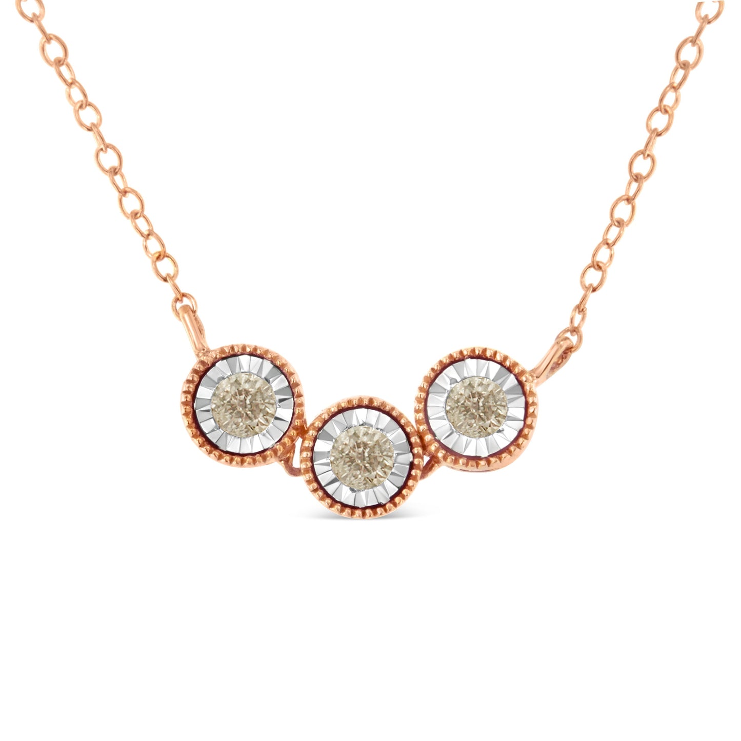 10K Rose and White Gold Plated .925 Sterling Silver 1/4 Cttw Miracle-Set Champagne Diamond Triple Circle 18" Necklace (I2-I3 Clarity) Bids.com