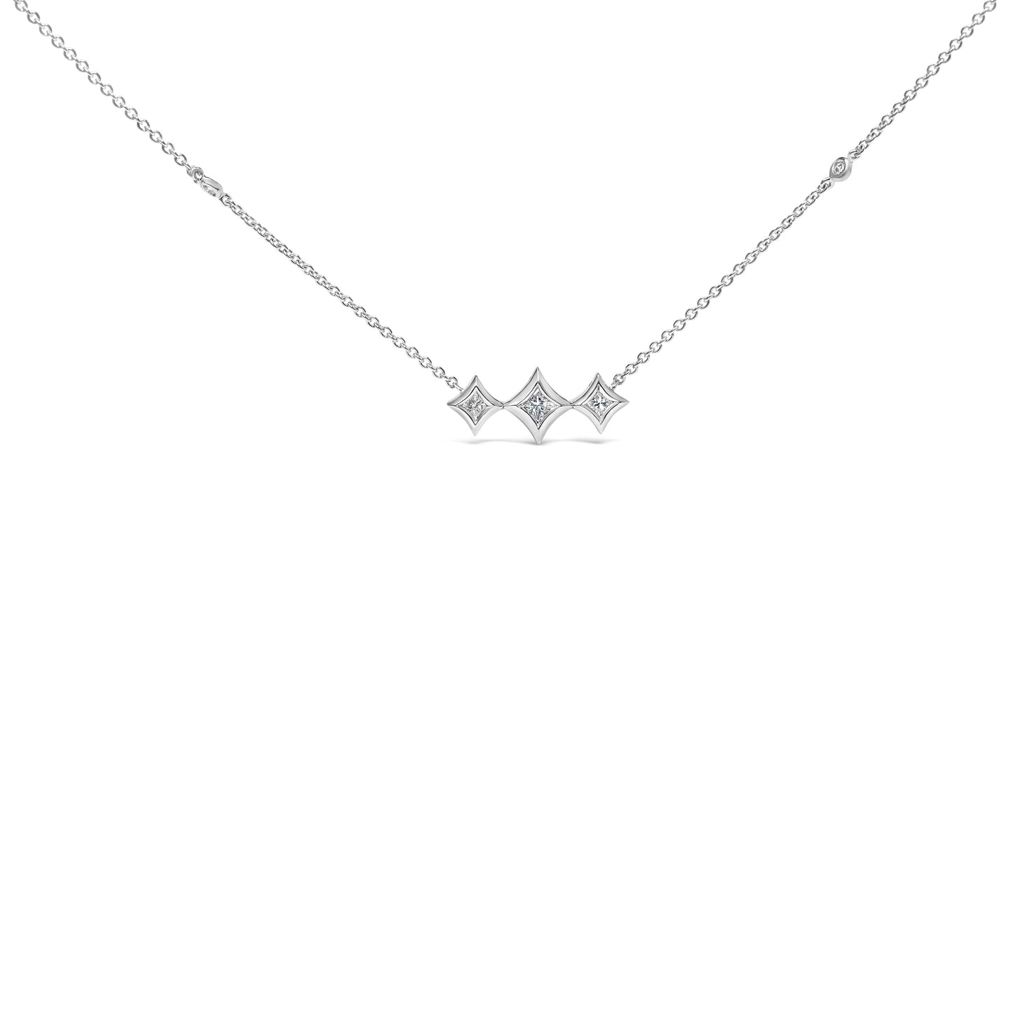10K White Gold Bezel Set Princess Diamond 3 Stone Kite Shape and Station Necklace (H-I Color, SI2-I1 Clarity) - 18" Inches Bids.com