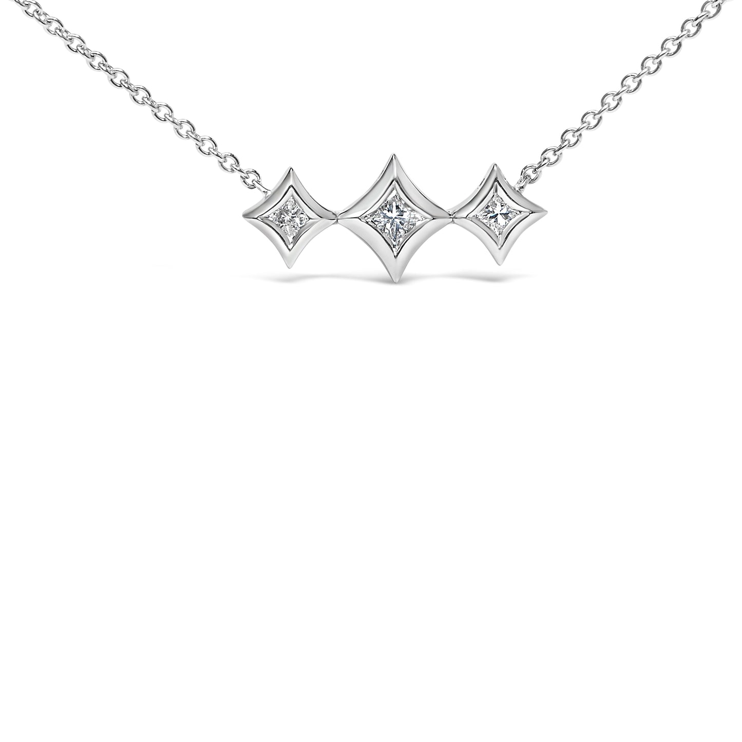 10K White Gold Bezel Set Princess Diamond 3 Stone Kite Shape and Station Necklace (H-I Color, SI2-I1 Clarity) - 18" Inches Bids.com