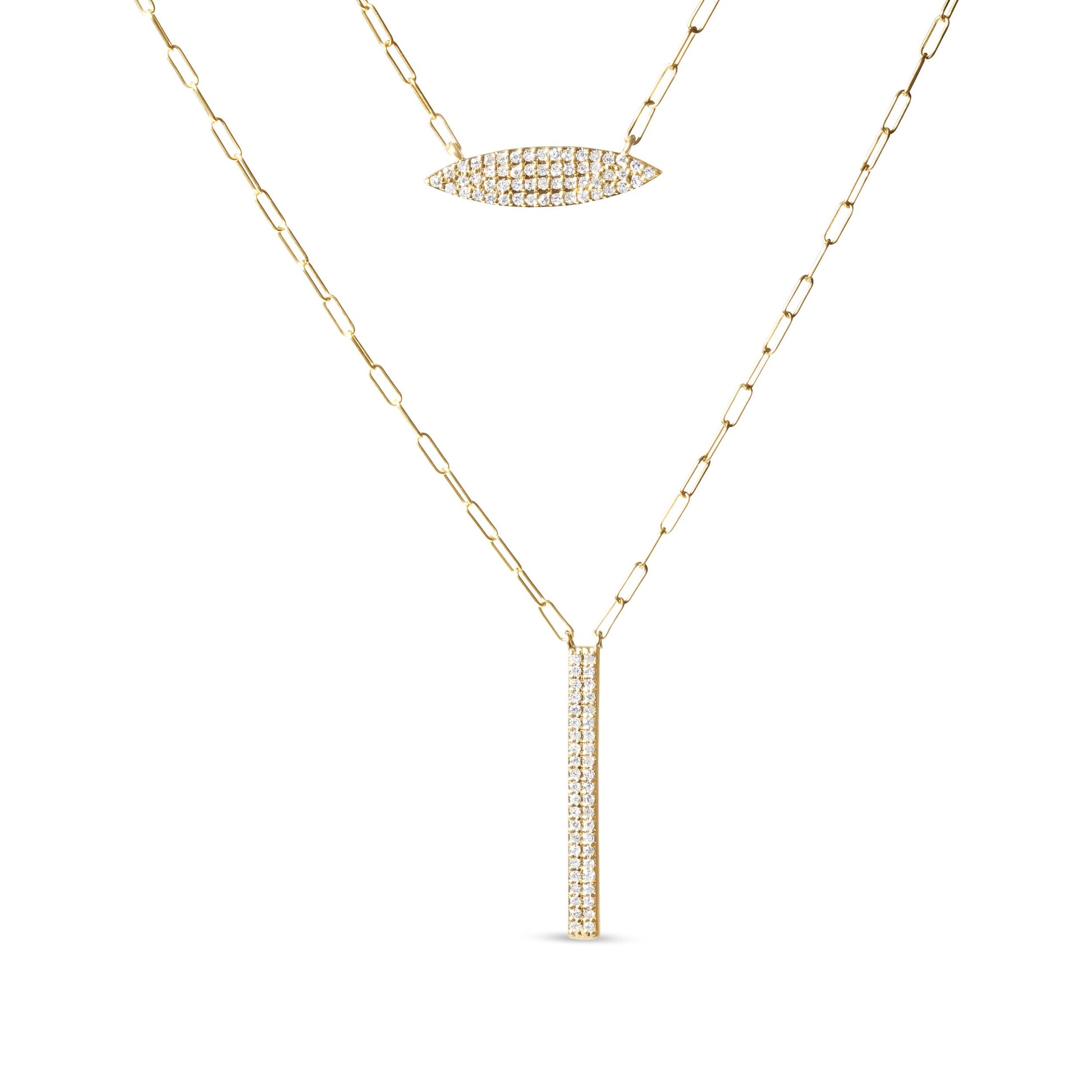 14K Yellow Gold 3/8 Cttw Two-Strand Marquise and Bar Charm Paper Clip Link Pendant Necklace  (I-J Color, I1-I2 Clarity) -18" and 20" Inch Lengths Bids.com
