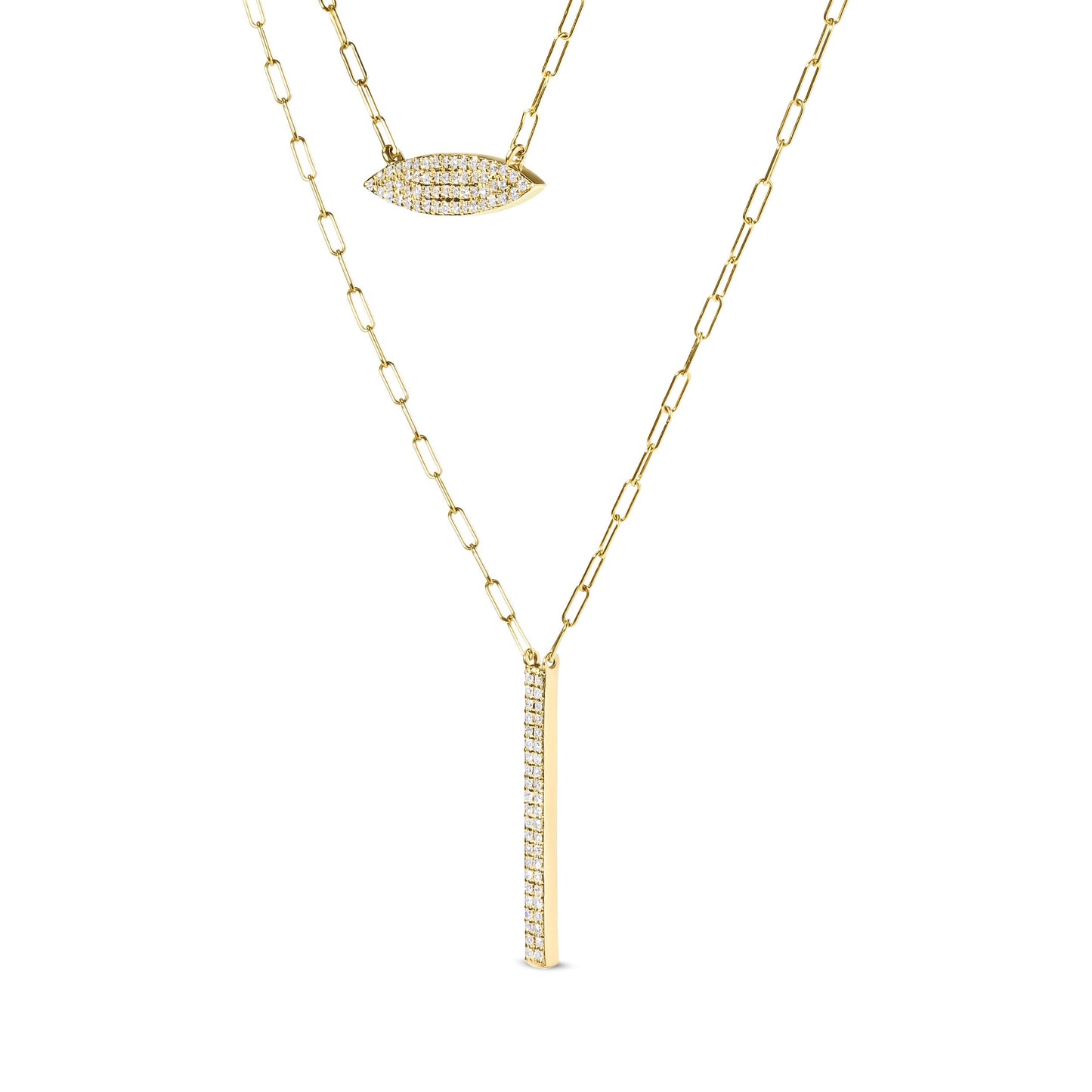 14K Yellow Gold 3/8 Cttw Two-Strand Marquise and Bar Charm Paper Clip Link Pendant Necklace  (I-J Color, I1-I2 Clarity) -18" and 20" Inch Lengths Bids.com