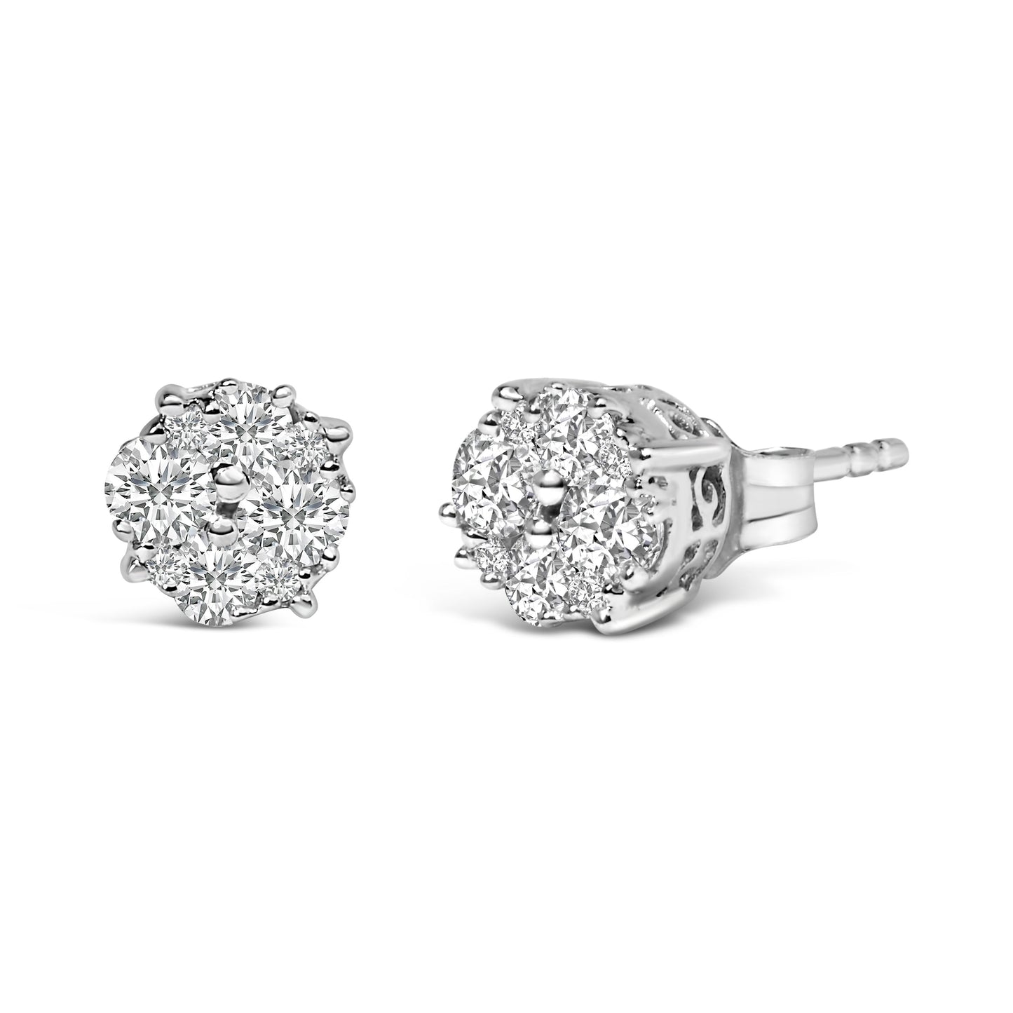 .925 Sterling Silver 1/2 cttw Prong Set Round-Cut Diamond Cluster Stud Earring (I-J Color, I2-I3 Clarity) Bids.com
