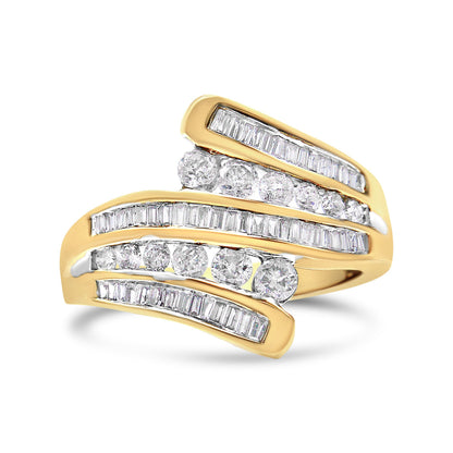 10K Yellow Gold 1 Cttw Round and Baguette-Cut Diamond Multi Row Bypass Ring Band (H-I Color, I1-I2 Clarity) - Ring Size 7 Bids.com