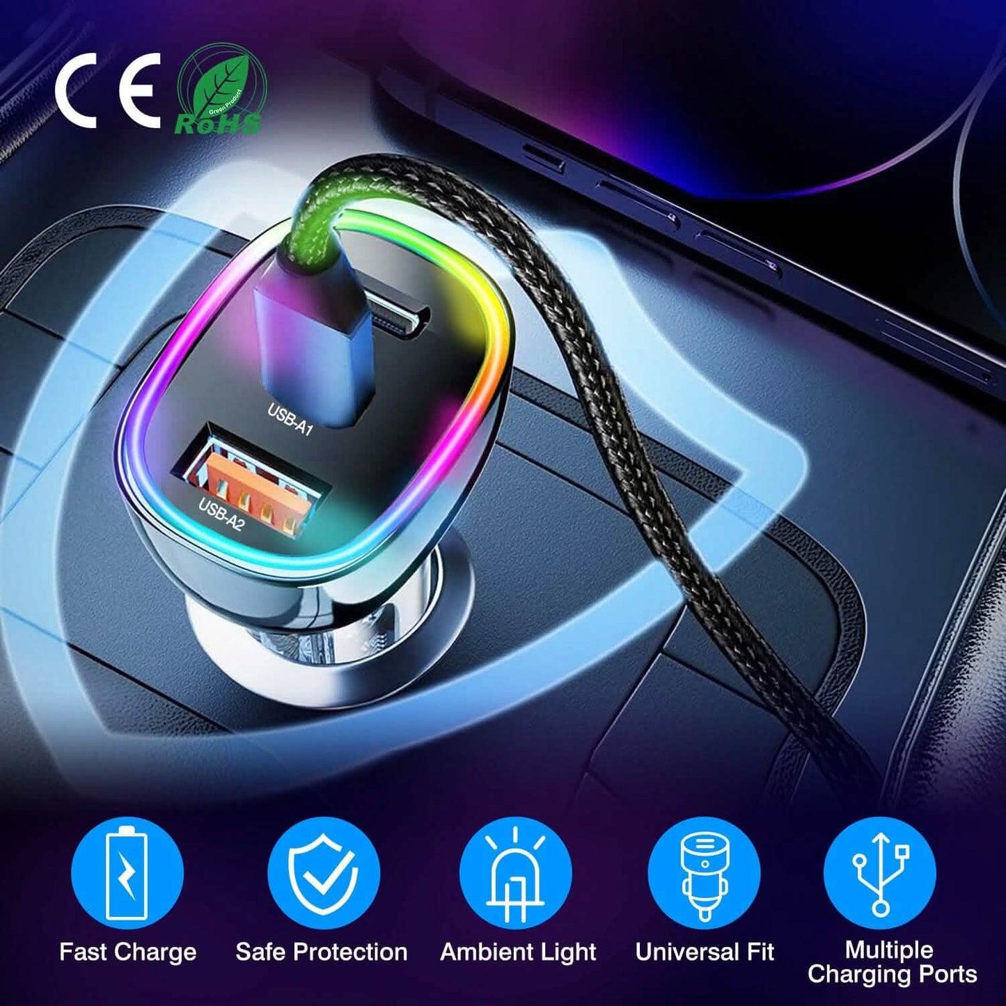 90W 3 Ports Fast Car Charger USB and Type C DailySale