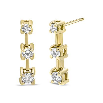 14K Yellow Gold 1/2 Cttw Round Diamond 3 Stone Graduated Linear Drop Past, Present and Future Stud Earrings (H-I Color, SI1-SI2 Clarity) Bids.com