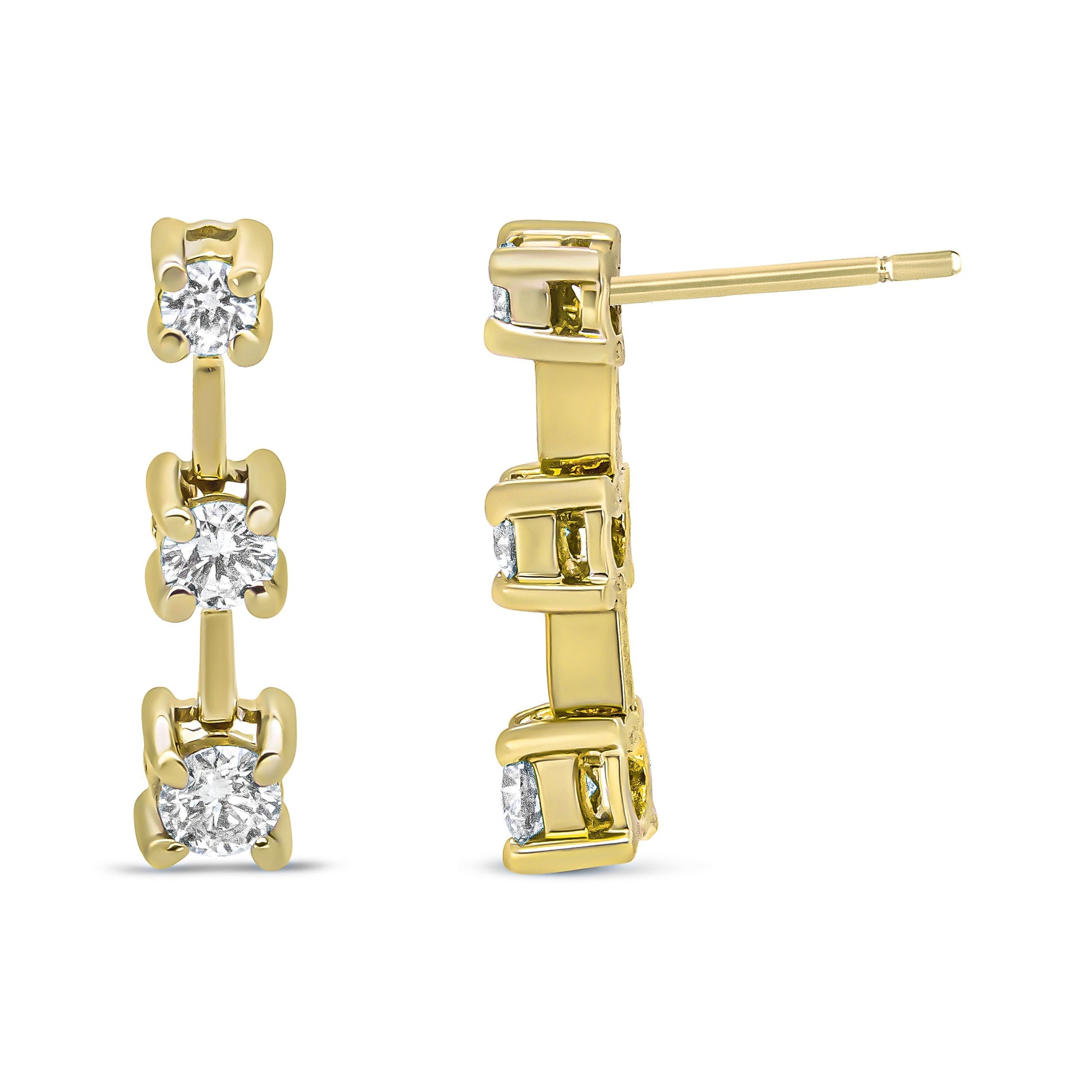 14K Yellow Gold 1/2 Cttw Round Diamond 3 Stone Graduated Linear Drop Past, Present and Future Stud Earrings (H-I Color, SI1-SI2 Clarity) Bids.com