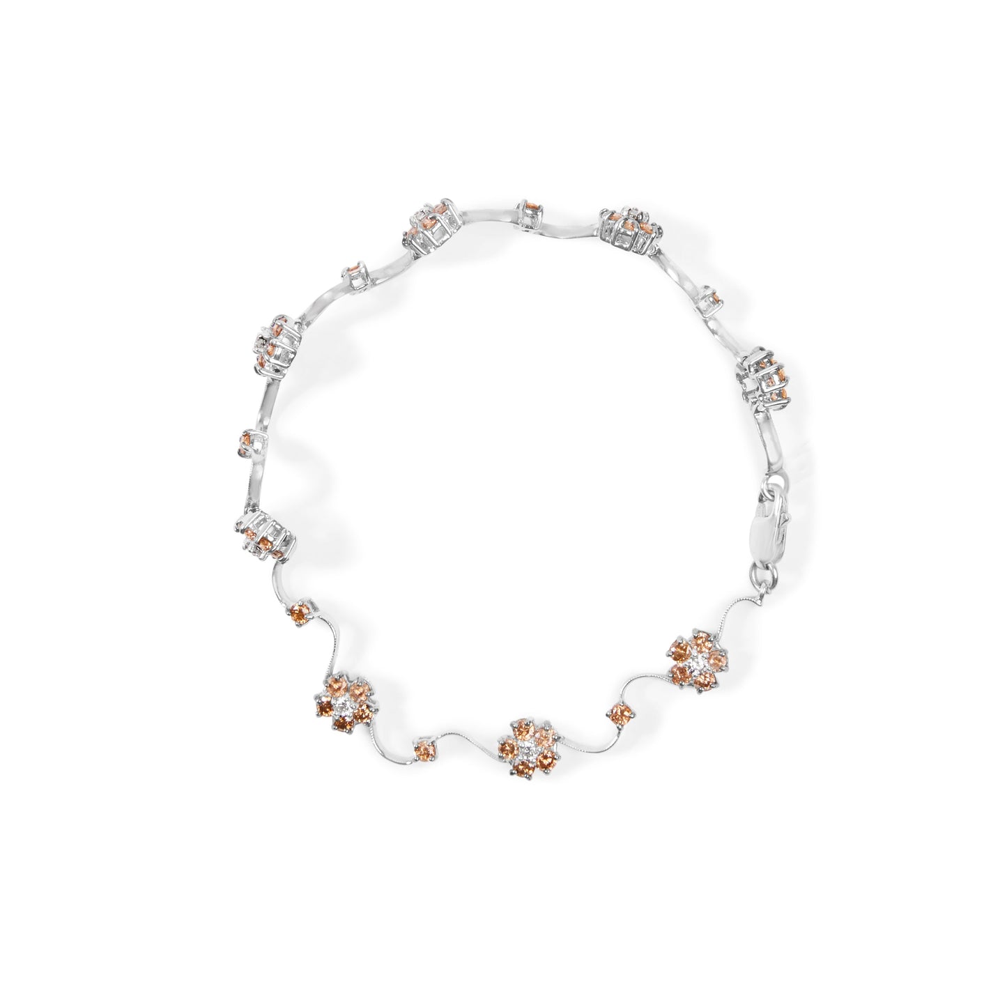 10K White Gold 4.0 Cttw Champagne and White Diamond Floral Cluster and Station Link Bracelet (H-I Color, SI2-I1 Clarity) - 7" Inches Bids.com