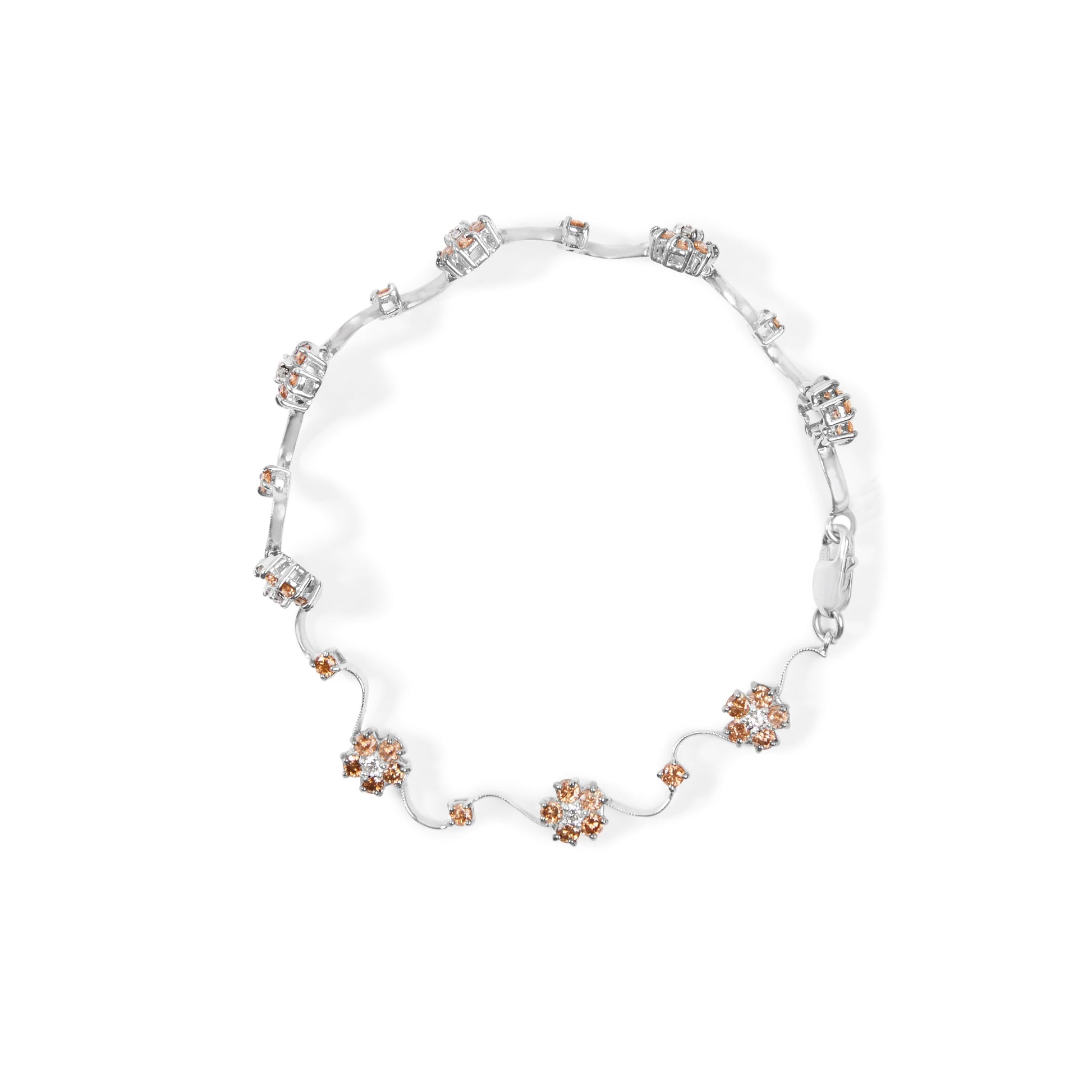 10K White Gold 4.0 Cttw Champagne and White Diamond Floral Cluster and Station Link Bracelet (H-I Color, SI2-I1 Clarity) - 7" Inches Bids.com