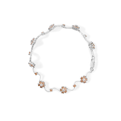 10K White Gold 4.0 Cttw Champagne and White Diamond Floral Cluster and Station Link Bracelet (H-I Color, SI2-I1 Clarity) - 7" Inches Bids.com