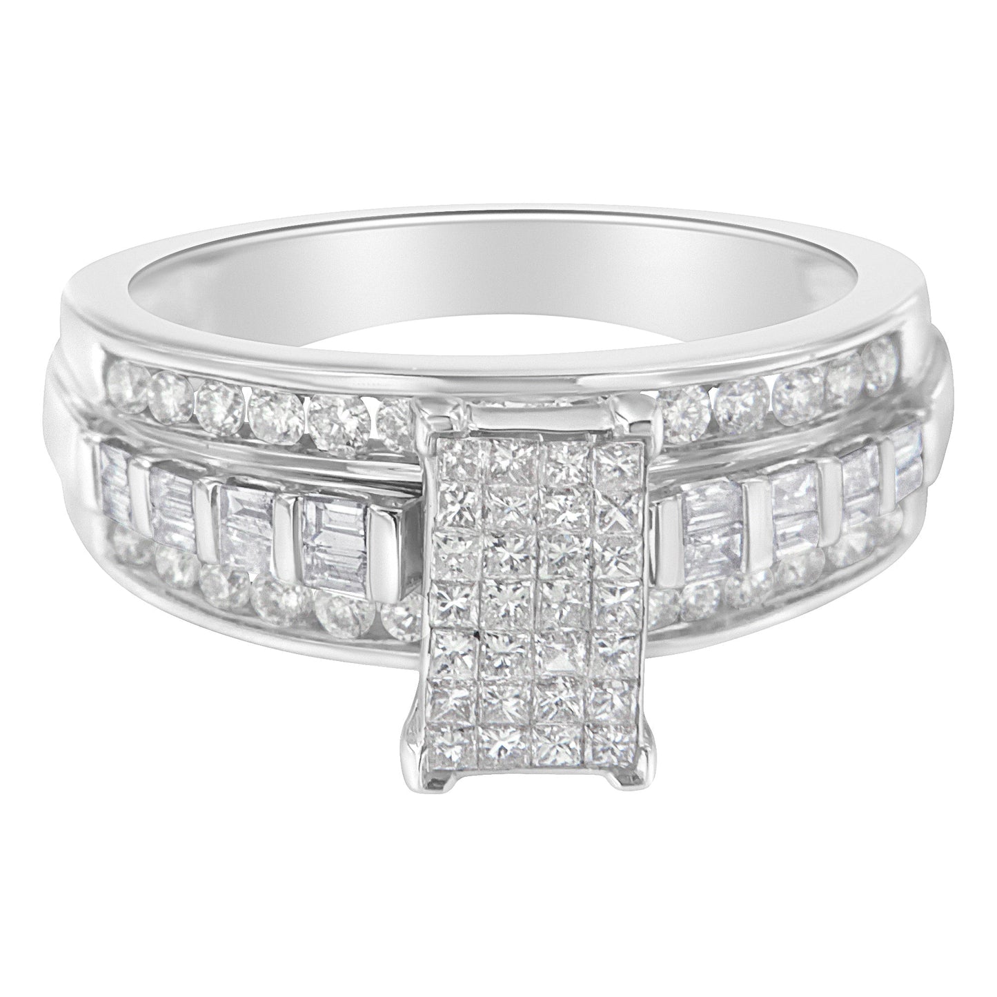 14K White Gold 1.0 Cttw Mixed-Cut Diamond Rectangle Invisible-Set Composite Cluster Ring with Bar- and Channel-Set Band (H-I Color, SI2-I1 Clarity) - Size 7 Bids.com