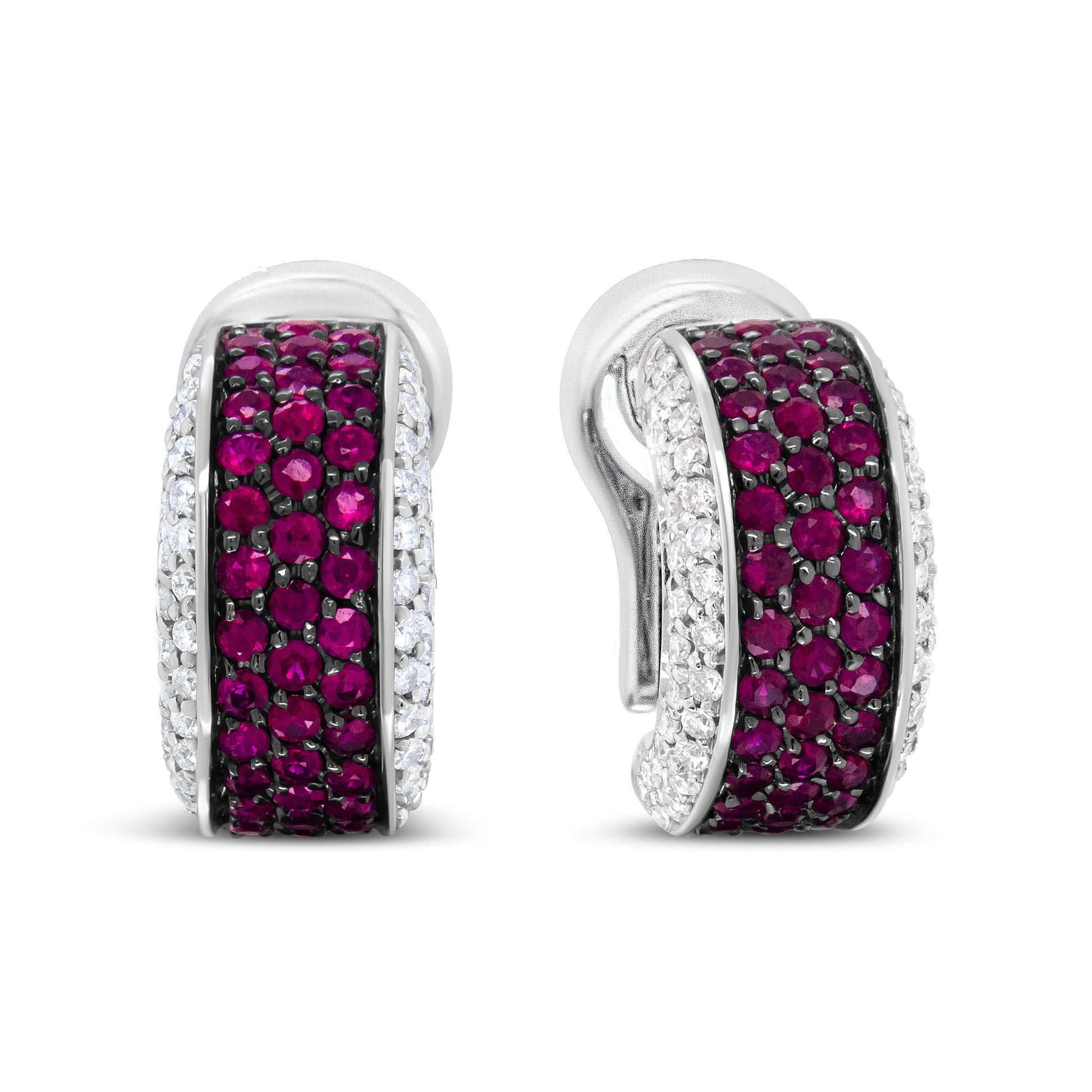18K White Gold and Black Rhodium Plated 3/4 Cttw Round Diamonds and 1mm Round Red Ruby Huggie Hoop Earrings (F-G Color, VS1-VS2 Clarity) Bids.com