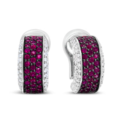18K White Gold and Black Rhodium Plated 3/4 Cttw Round Diamonds and 1mm Round Red Ruby Huggie Hoop Earrings (F-G Color, VS1-VS2 Clarity) Bids.com