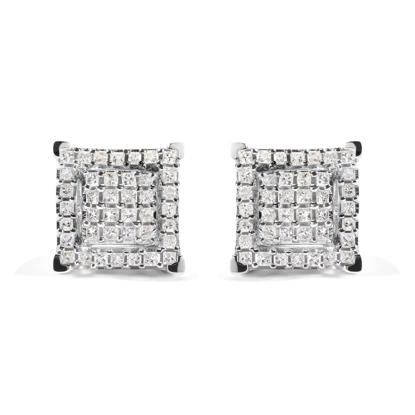 10K White Gold 1 1/4 Cttw Princess Diamond Composite Double Square and Halo Stud Earrings (I-J Color, I1-I2 Clarity) Bids.com