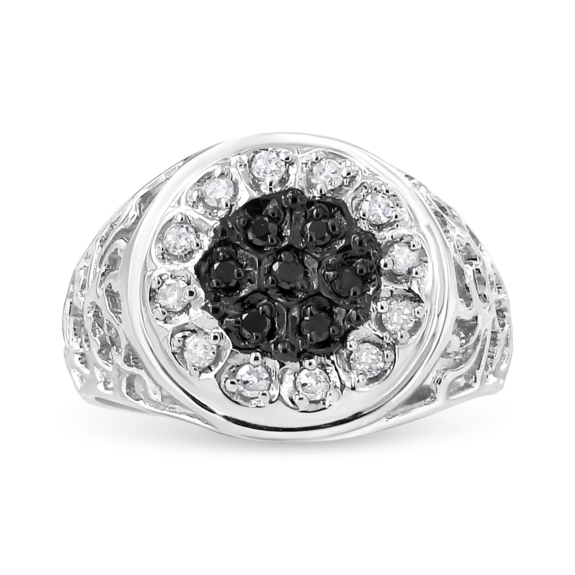 .925 Sterling Silver 1/4 Cttw White and Black Treated Diamond Halo Cluster Ring for Men (I-J Color, I3 Clarity) - Size 10 Bids.com