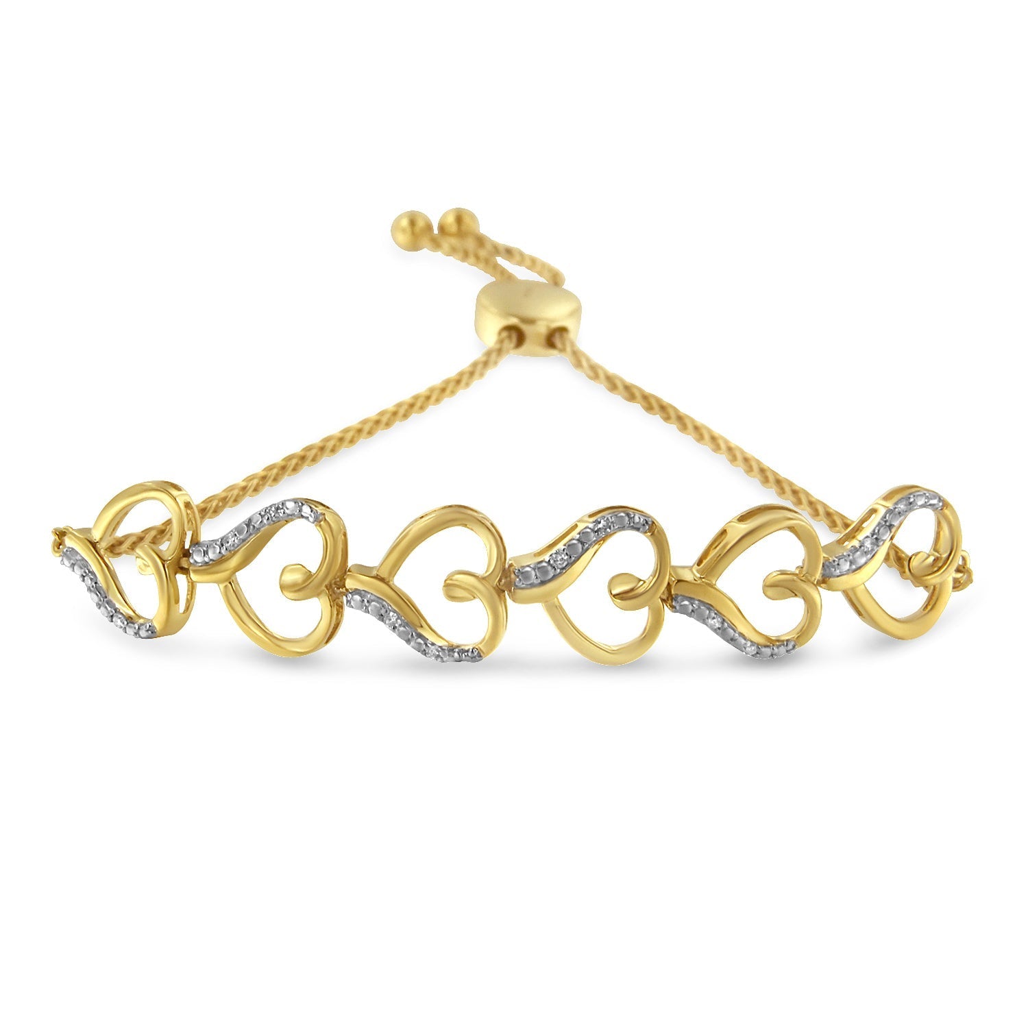 10K Yellow Gold over .925 Sterling Silver Diamond Accented Open Hearts 6â€-9â€ Adjustable Chain Bolo Bracelet (H-I Color, I2-I3 Clarity) Bids.com