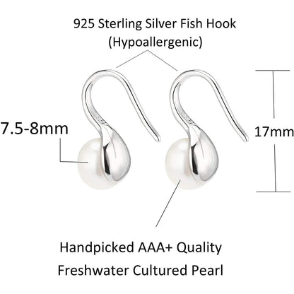 925 Sterling Silver 7.5-8mm White Freshwater Cultured Pearl Dangle Drop Earrings DailySale