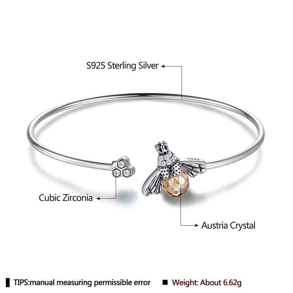 925 Sterling Silver  Bee Shape Cubic Zirconia and Austria Crystal Cuff Bracelet DailySale
