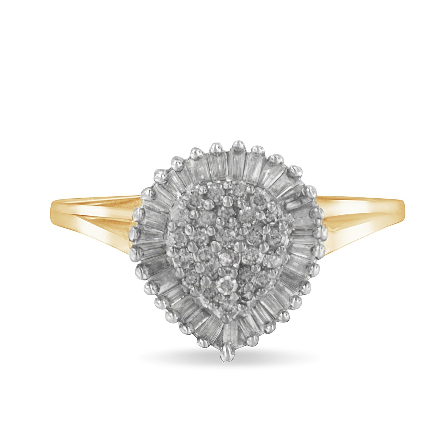 10K Yellow Gold 1/2 Cttw Round & Baguette Cut Diamond Pear Shaped Domed PavÃ© Cluster with Halo Cocktail Ring (J-K Color, I1-I2 Clarity) - Size 4-1/4 Bids.com