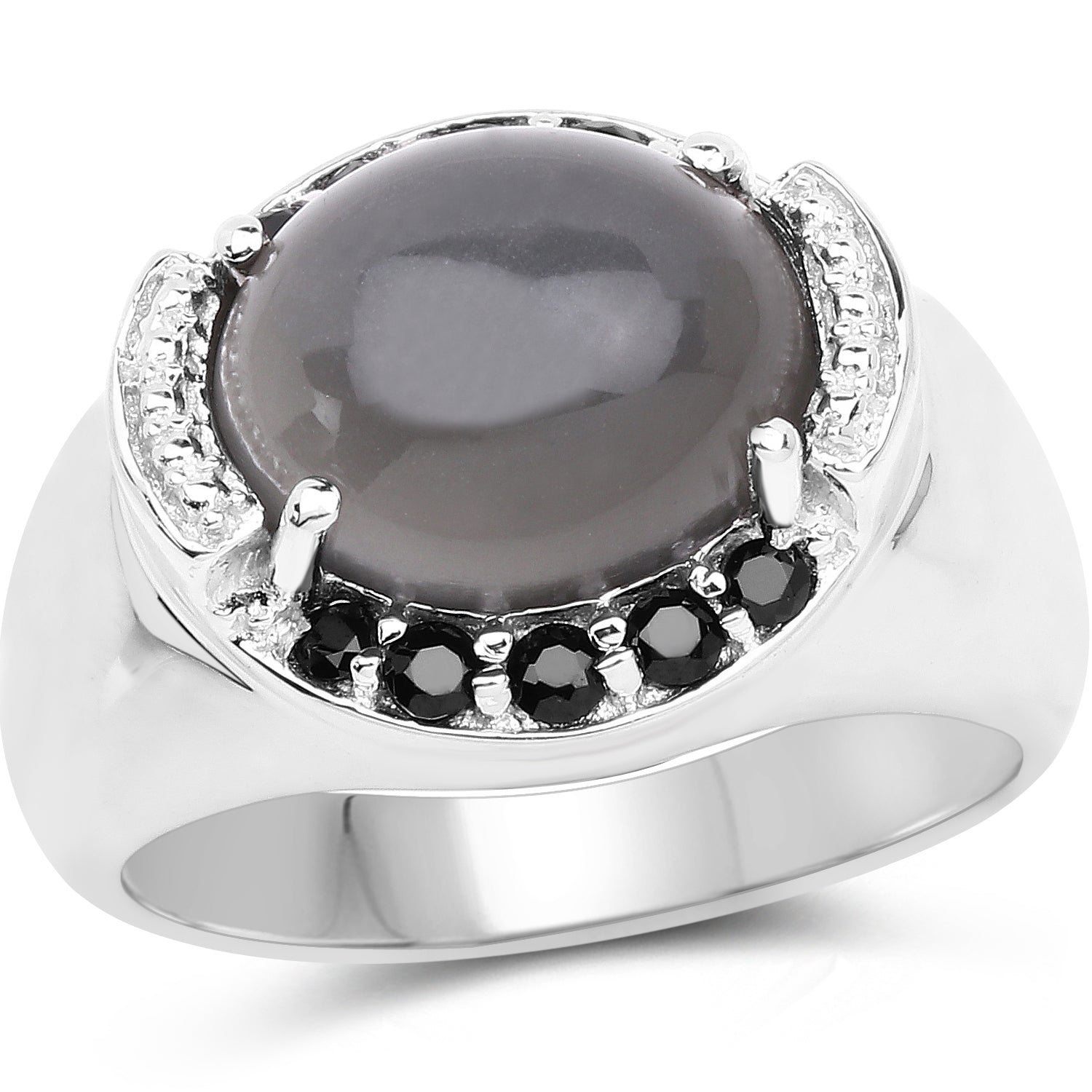 5.68 Carat Genuine Grey Moonstone & Black Spinel .925 Sterling Silver Ring Bids.com