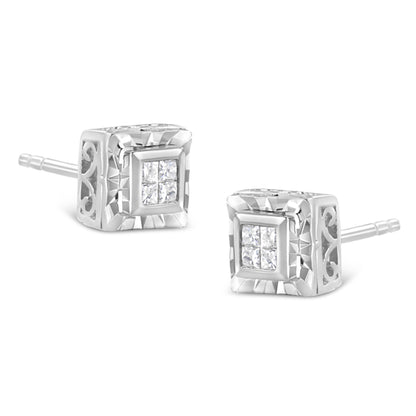 .925 Sterling Silver 1/6 Cttw Invisible Set Princess-Cut Diamond Quad Composite Stud Earrings (H-I Color, I1-I2 Clarity) Bids.com