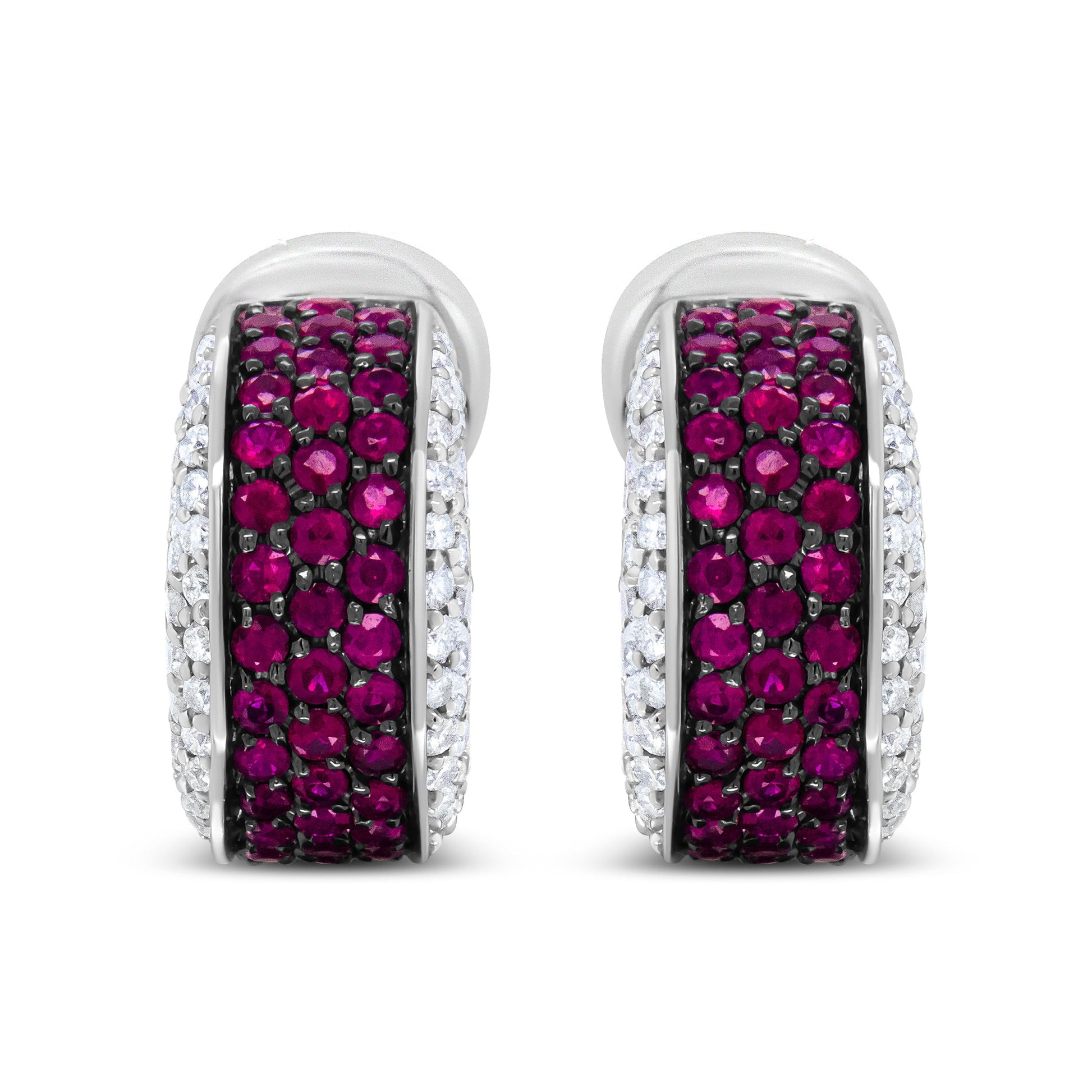 18K White Gold and Black Rhodium Plated 3/4 Cttw Round Diamonds and 1mm Round Red Ruby Huggie Hoop Earrings (F-G Color, VS1-VS2 Clarity) Bids.com