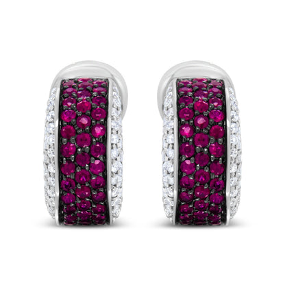 18K White Gold and Black Rhodium Plated 3/4 Cttw Round Diamonds and 1mm Round Red Ruby Huggie Hoop Earrings (F-G Color, VS1-VS2 Clarity) Bids.com