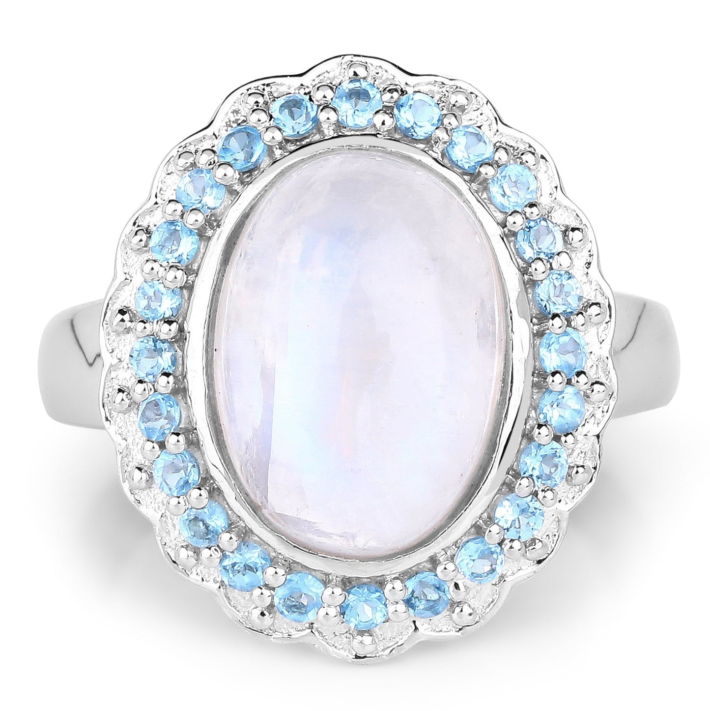 7.21 Carat Genuine White Rainbow Moonstone & Swiss Blue Topaz .925 Sterling Silver Ring Bids.com